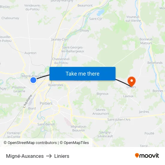 Migné-Auxances to Liniers map