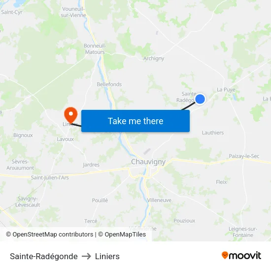 Sainte-Radégonde to Liniers map