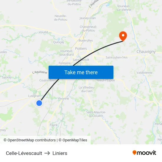 Celle-Lévescault to Liniers map