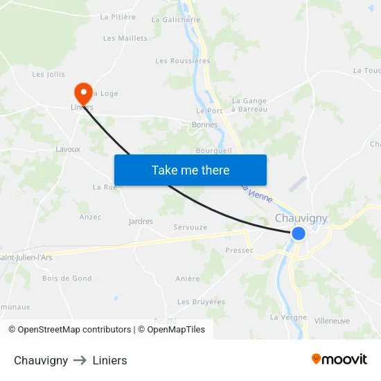Chauvigny to Liniers map