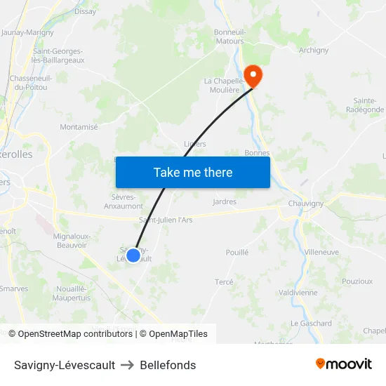 Savigny-Lévescault to Bellefonds map