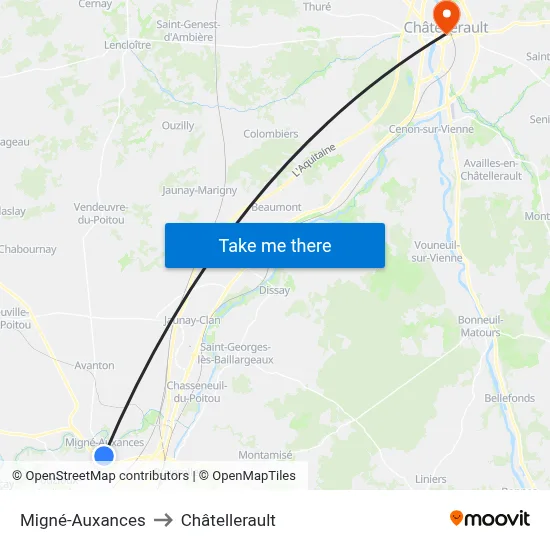 Migné-Auxances to Châtellerault map