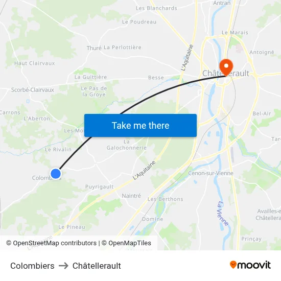 Colombiers to Châtellerault map