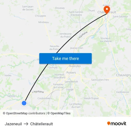 Jazeneuil to Châtellerault map