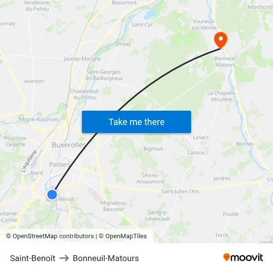 Saint-Benoît to Bonneuil-Matours map
