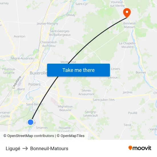 Ligugé to Bonneuil-Matours map