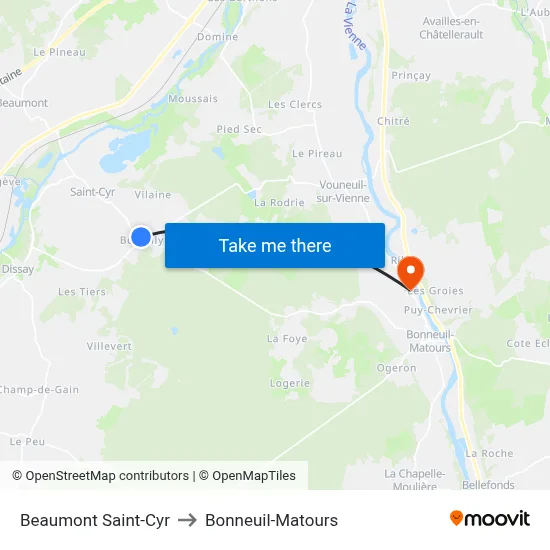 Beaumont Saint-Cyr to Bonneuil-Matours map