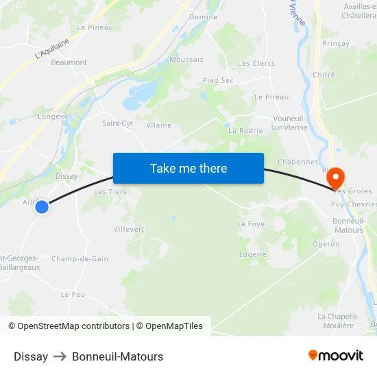 Dissay to Bonneuil-Matours map