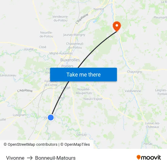 Vivonne to Bonneuil-Matours map