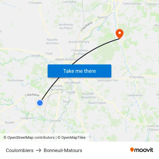 Coulombiers to Bonneuil-Matours map
