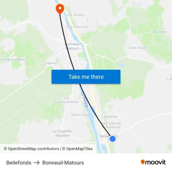 Bellefonds to Bonneuil-Matours map