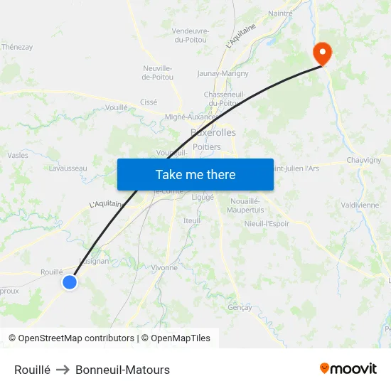 Rouillé to Bonneuil-Matours map