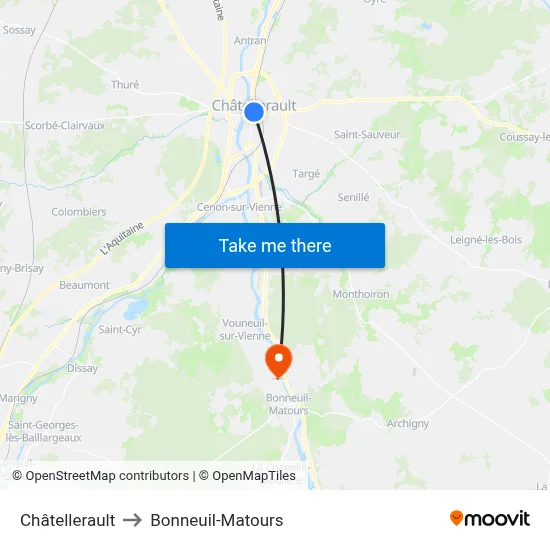 Châtellerault to Bonneuil-Matours map