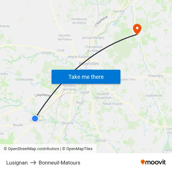 Lusignan to Bonneuil-Matours map