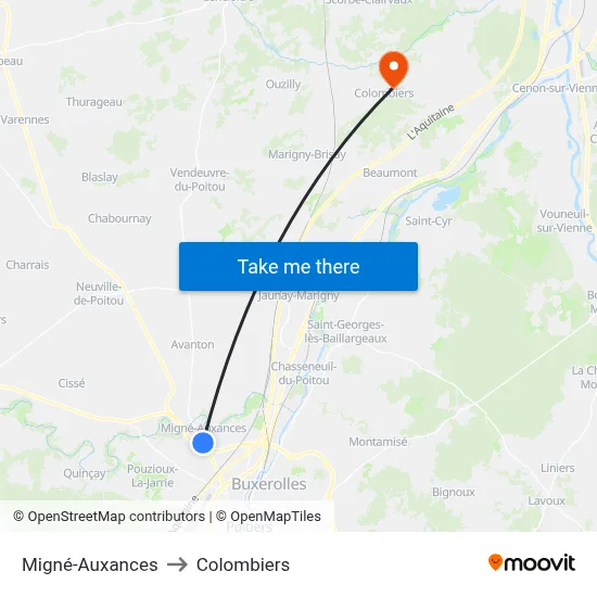 Migné-Auxances to Colombiers map