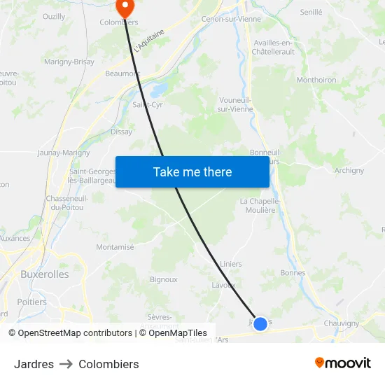 Jardres to Colombiers map