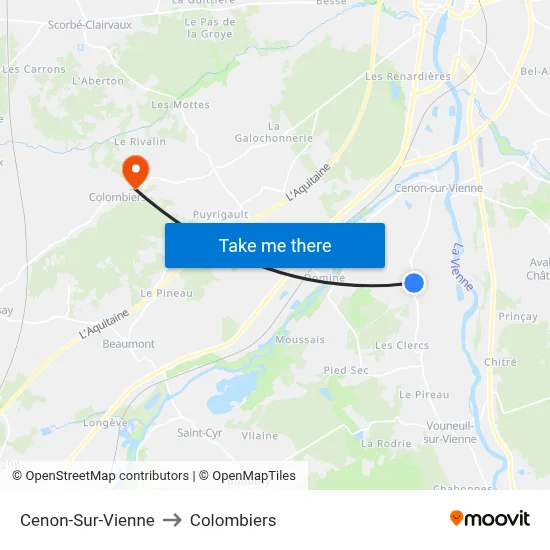 Cenon-Sur-Vienne to Colombiers map