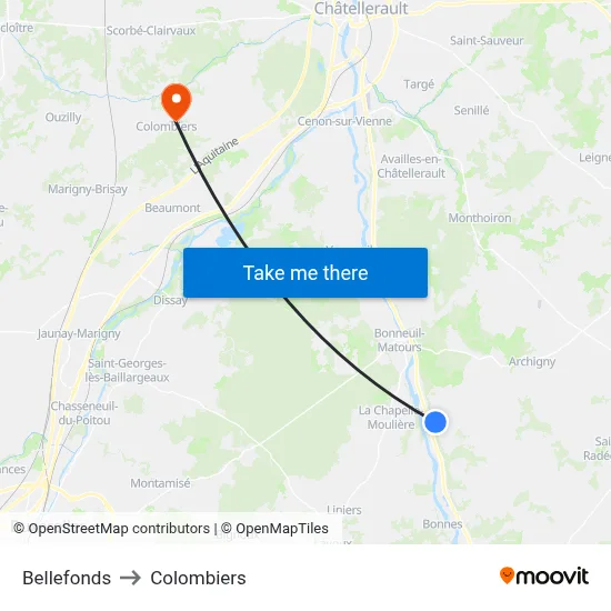Bellefonds to Colombiers map