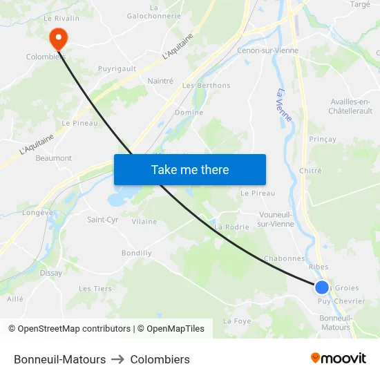 Bonneuil-Matours to Colombiers map