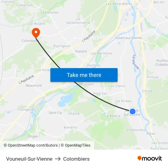 Vouneuil-Sur-Vienne to Colombiers map