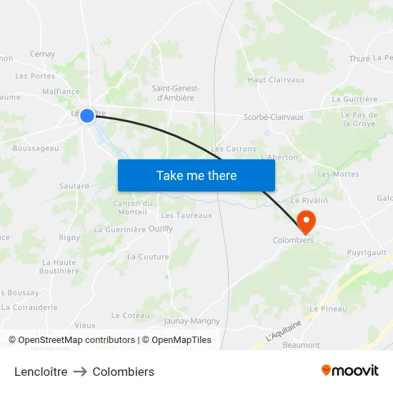 Lencloître to Colombiers map