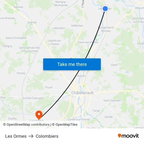 Les Ormes to Colombiers map