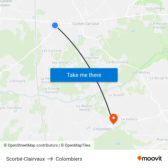 Scorbé-Clairvaux to Colombiers map