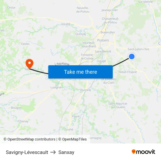 Savigny-Lévescault to Sanxay map