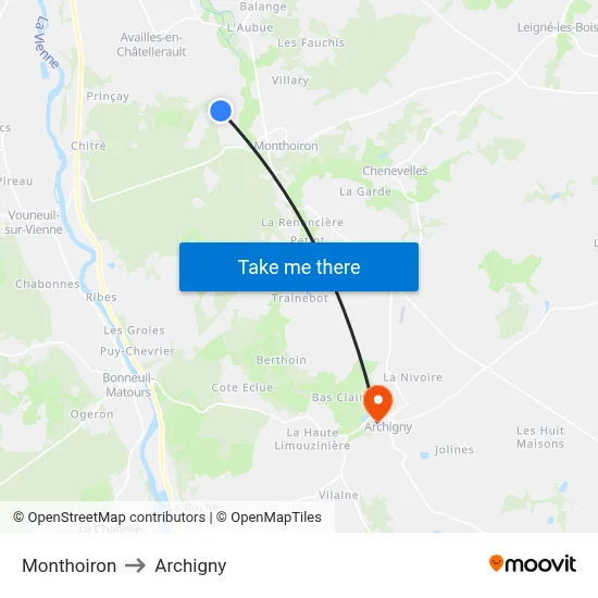 Monthoiron to Archigny map