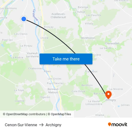 Cenon-Sur-Vienne to Archigny map
