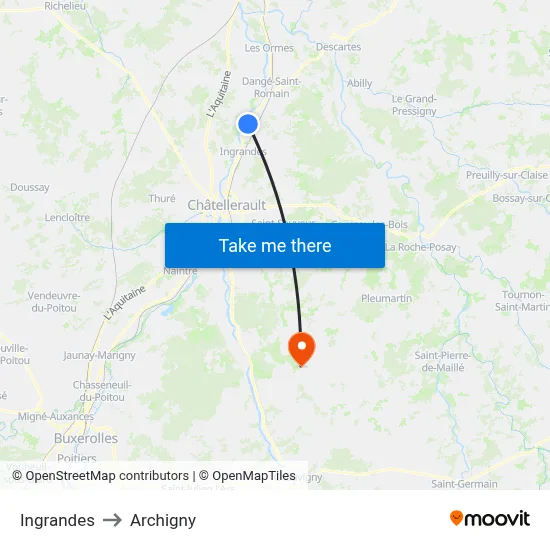 Ingrandes to Archigny map