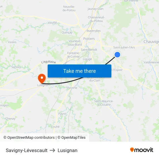 Savigny-Lévescault to Lusignan map