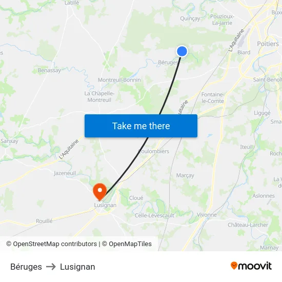 Béruges to Lusignan map