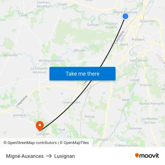 Migné-Auxances to Lusignan map