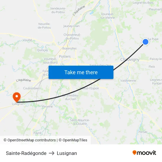 Sainte-Radégonde to Lusignan map