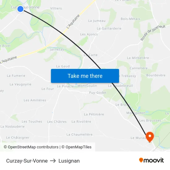 Curzay-Sur-Vonne to Lusignan map