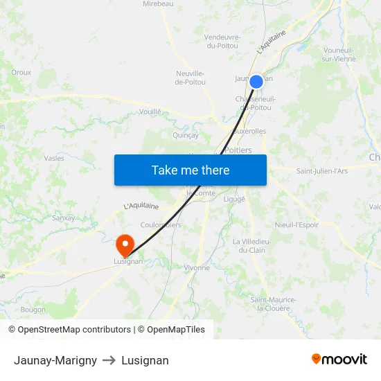 Jaunay-Marigny to Lusignan map