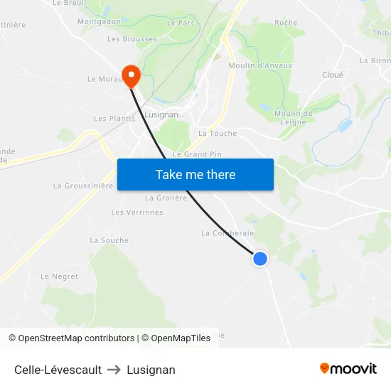 Celle-Lévescault to Lusignan map