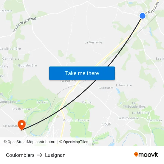 Coulombiers to Lusignan map
