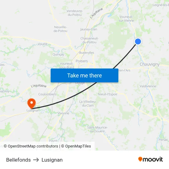 Bellefonds to Lusignan map