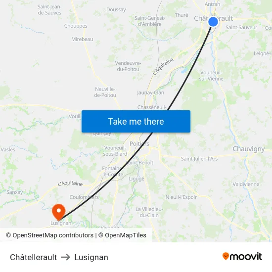 Châtellerault to Lusignan map