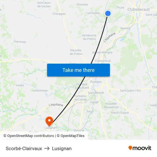 Scorbé-Clairvaux to Lusignan map