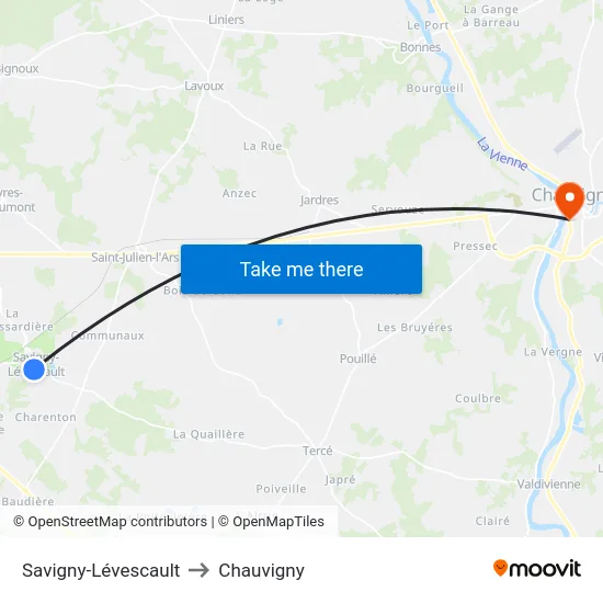 Savigny-Lévescault to Chauvigny map