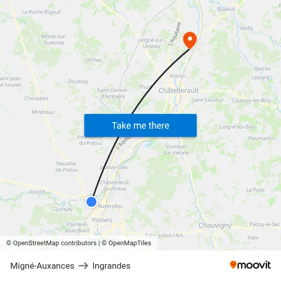 Migné-Auxances to Ingrandes map