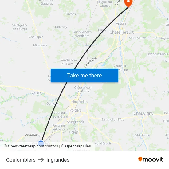 Coulombiers to Ingrandes map