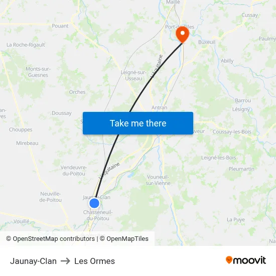 Jaunay-Clan to Les Ormes map