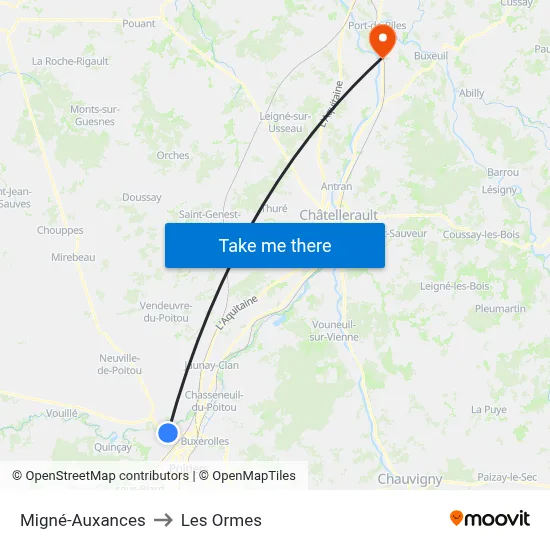 Migné-Auxances to Les Ormes map