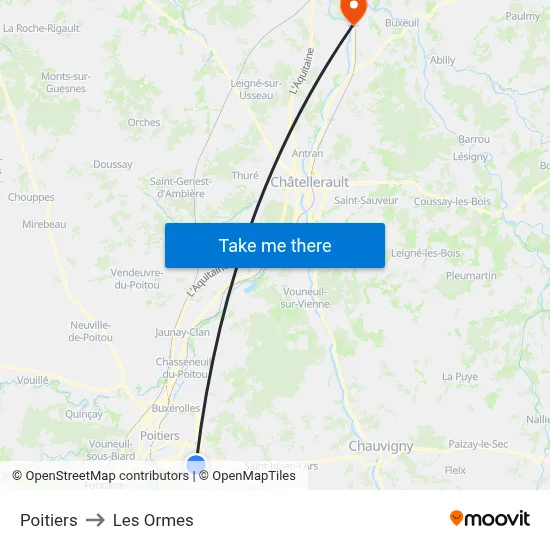 Poitiers to Les Ormes map