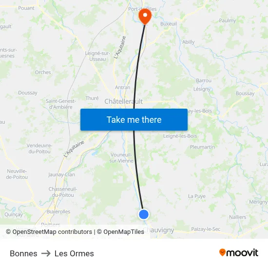 Bonnes to Les Ormes map