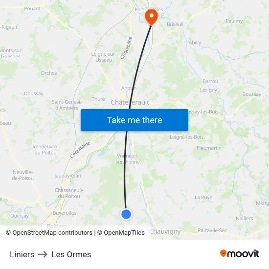 Liniers to Les Ormes map